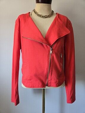 Mason By Suko Orangy Red  Asymmetrical Zip Sweater Jacket. Medium